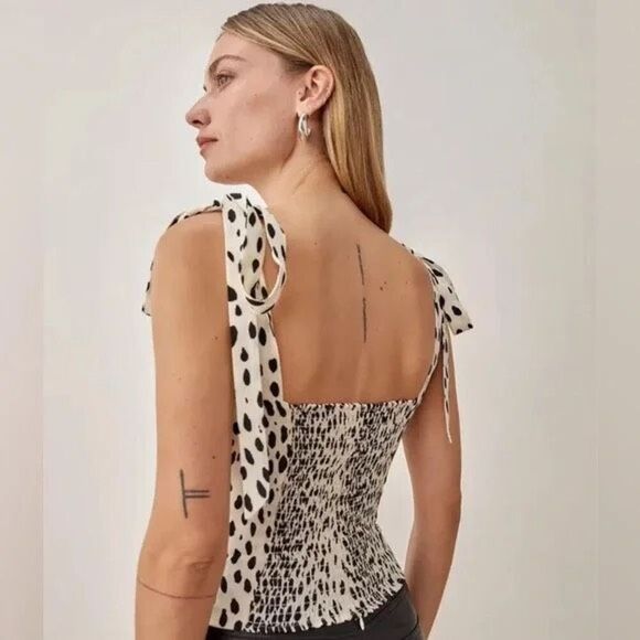Reformation Women's Cream Black Cheetah Print Ellora Top Size 0 NWOT - Picture 2 of 7